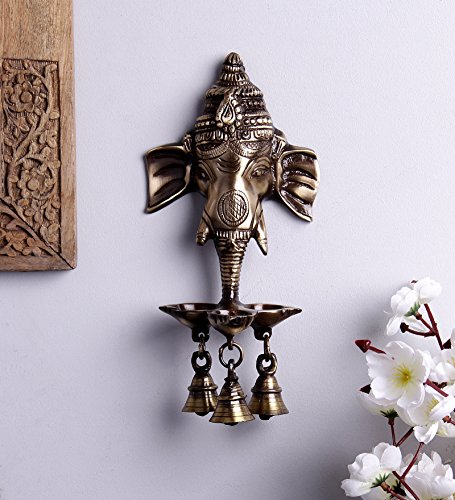 Image of eCraftIndia Ganesh Deepak with Bell Brass Wall Hanging (11 cm x 8 cm x 24 cm, Brown)