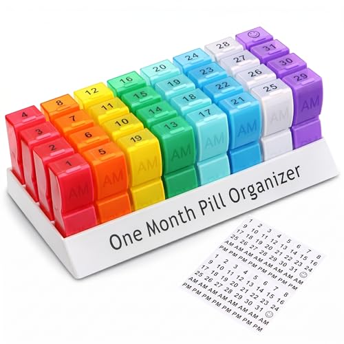 CAidRE Ultra-Compact Monthly Pill Organizer AM PM 31 Day Pill Box 2 Times a Day for Small Pills Portable Travel Vitamin Case with Detachable Daily Compartments DIY Number Labels Frosted Matte