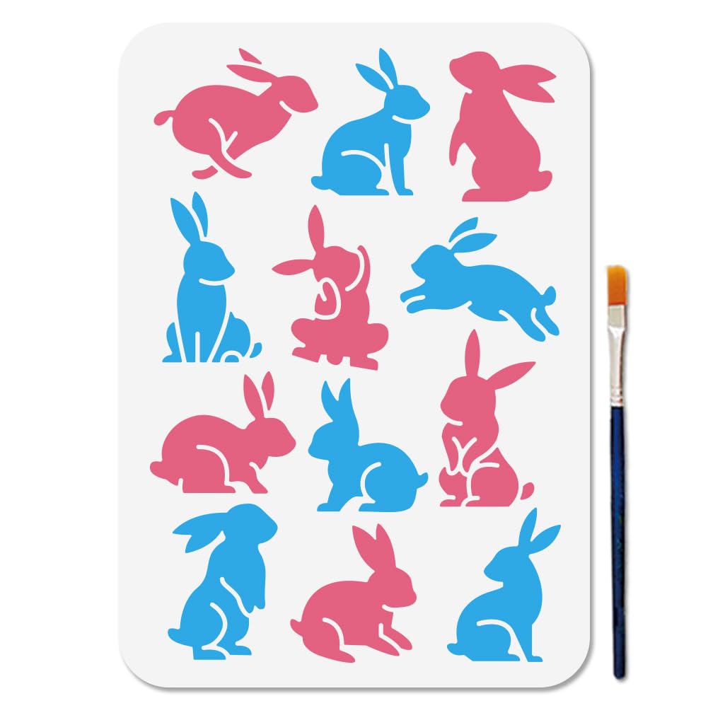 MAYJOYDIY Easter Bunny Stencil 29.7×21cm Reusable Bunny Rabbits Stencils for Painting Cute Animals Stencil Templates with Paint Brush for Gift Decoration Craft on Window Wood Wall Home