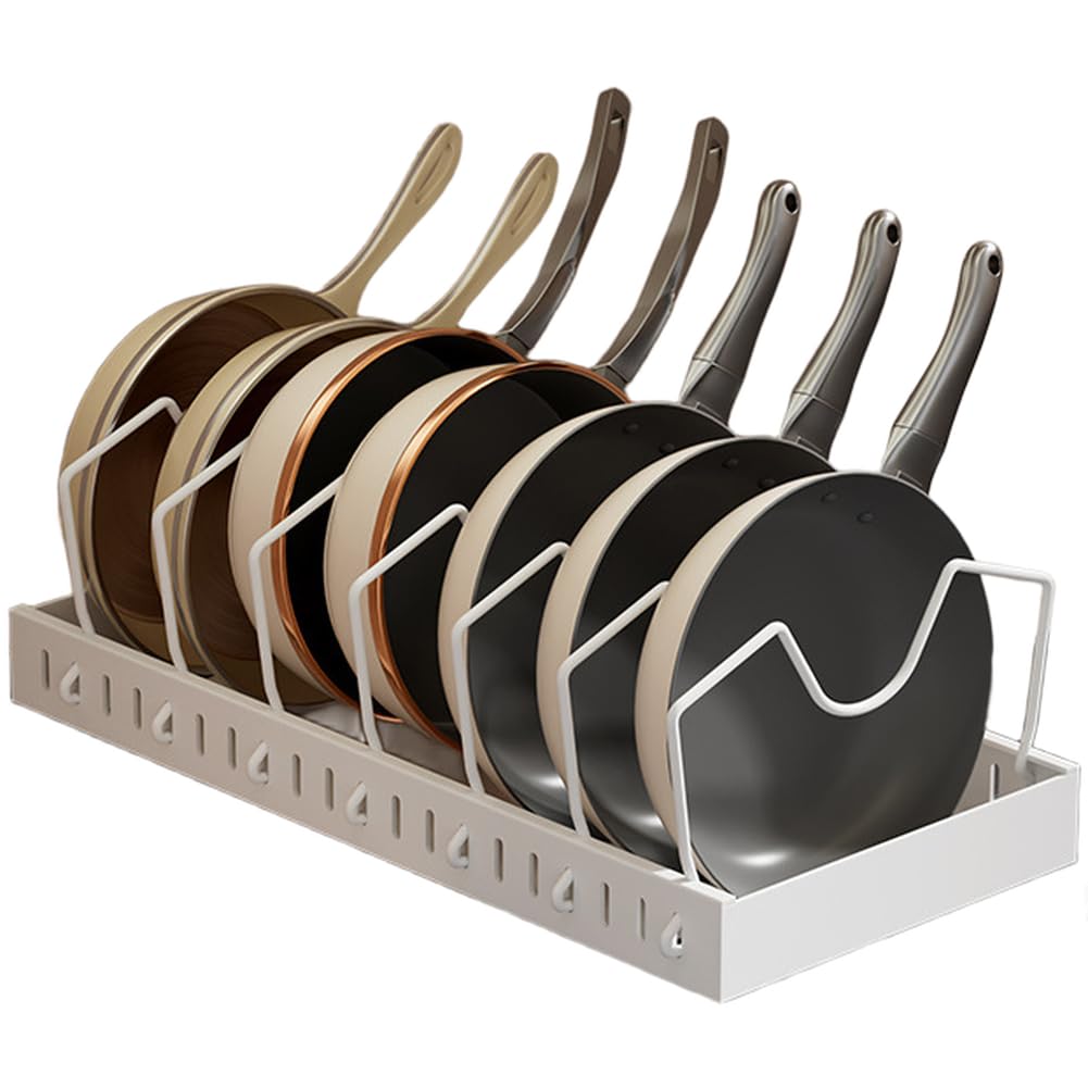 Estante para ollas y sartenes, estante para armario de cocina con separadores flexibles para ahorrar espacio, dimensiones 42 x 21 x 3,5 cm