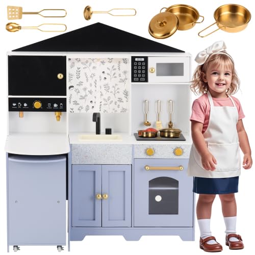 Kinder-Spielküche aus Holz in Hausform Rosa mit Kaffeemaschine, Backofen, Herd und Spüle, Komplettzubehör für Kinder ab 3 Jahren