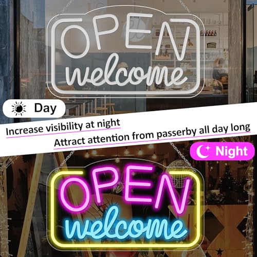 Image of Open Signs for Business, 16 inchX 9 inch Bright LED Neon Open Sign Powered by USB with ON /OFF Switch, Adjustable Brightness Open Sign for Bars, Hotel, Stores, Coffee, Window, Wall, Party (Pink&Blue&Yellow)