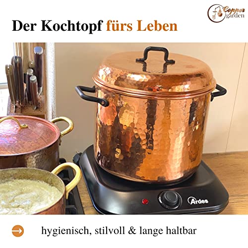 Foto von Copper Garden Kupfertopf mit Deckel + Griffen aus Schmiedeeisen 8 L I Gehämmerter Kupferkochtopf aus blankem Kupfer: Ideale Wärmeleitung & -verteilung I Robuster Kupfer Topf 100% lebensmittelecht