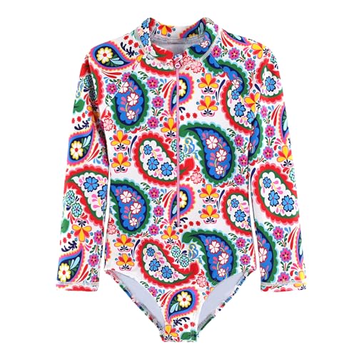 Image of Girls Long Sleeve One Piece Swimsuit Rash Guard Swimwear Zipper Quick Dry Bathing Suits Sun Protection UPF 50+ (Ages 4-12)