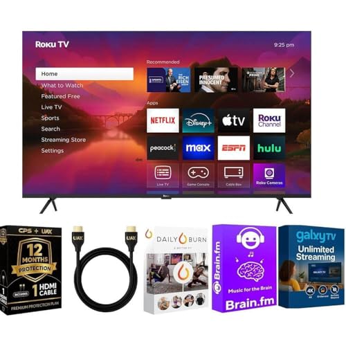 Roku 55-Inch Plus Series 4K QLED Mini-LED Smart TV, Dolby Vision & Atmos, HDR Plus, Bluetooth, Wi-Fi, 60Hz, Voice Control, Streaming Bundle with UAX HDMI Cable & 12-Month CPS Protection Plan