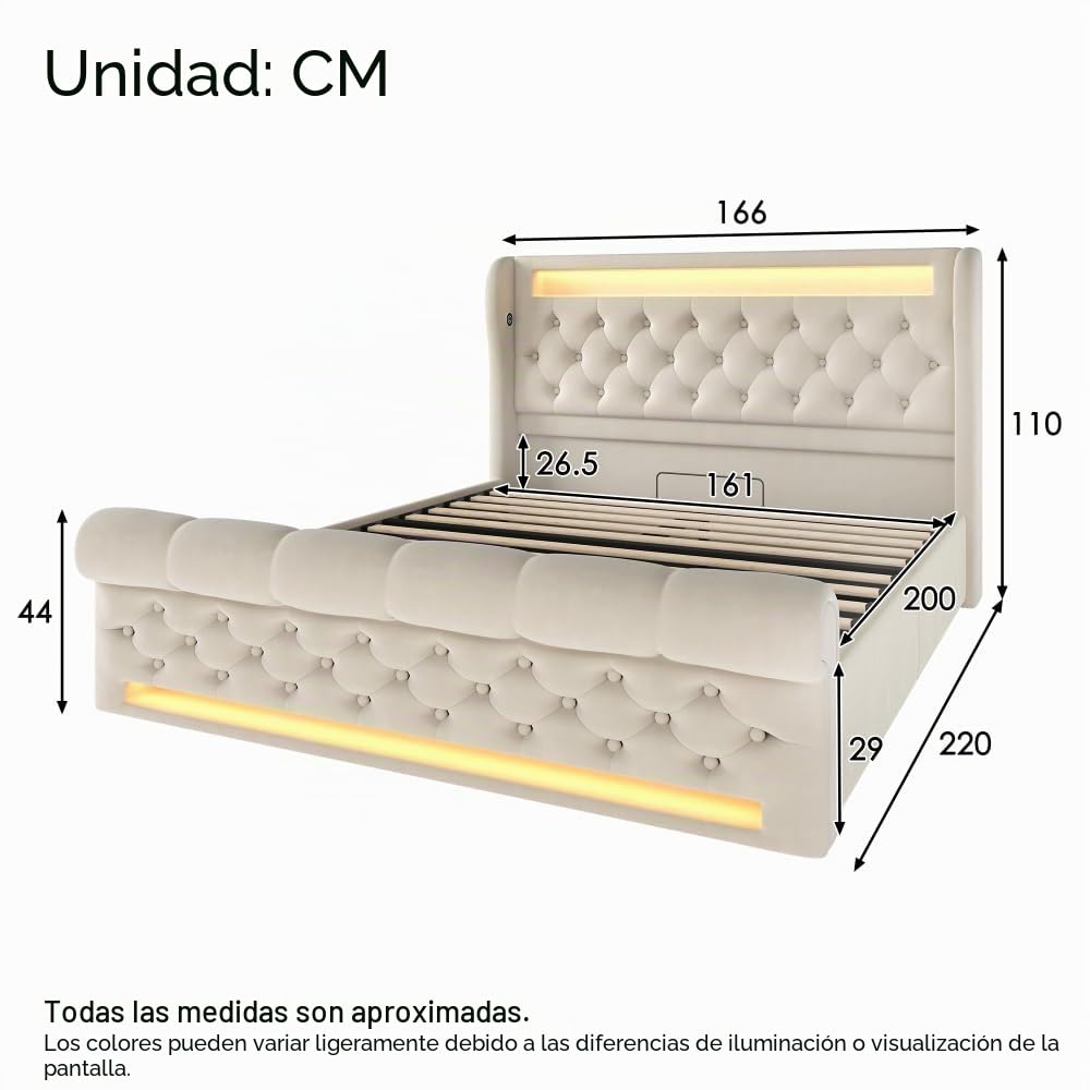 Lubvtti Cama acolchada con luces LED y puertos USB + Type-C, cama de matrimonio con contenedor hidráulico, cama de matrimonio con contenedor de almacenamiento, de terciopelo, (sin colchón) (Beige, 160