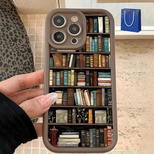 Xifyjus Custodia in Tpu Con Design a Libreria a Tema Cartoon, Ideale per Gli Amanti Della Lettura, Ideale per iPhone 16, 15, 14, 13, 12, 11(Marrone,IPhone 12ProMax)