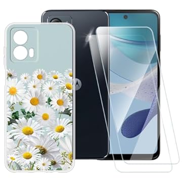 Capa com estampa de margaridas compatível com Motorola Moto G53 5G + [pacote com 2] protetor de tela de vidro temperado, capa à prova de choque para Motorola Moto G53j (6,5 polegadas)