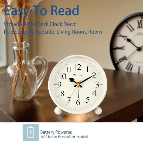 Image of Tinload 4.5 inch Vintage Retro Analog Alarm Clock, Super Silent Non Ticking Small Clock with Manual Light, Snooze, Battery Operated, for Living Room, Bedroom, Bedside, Desk(Cream)