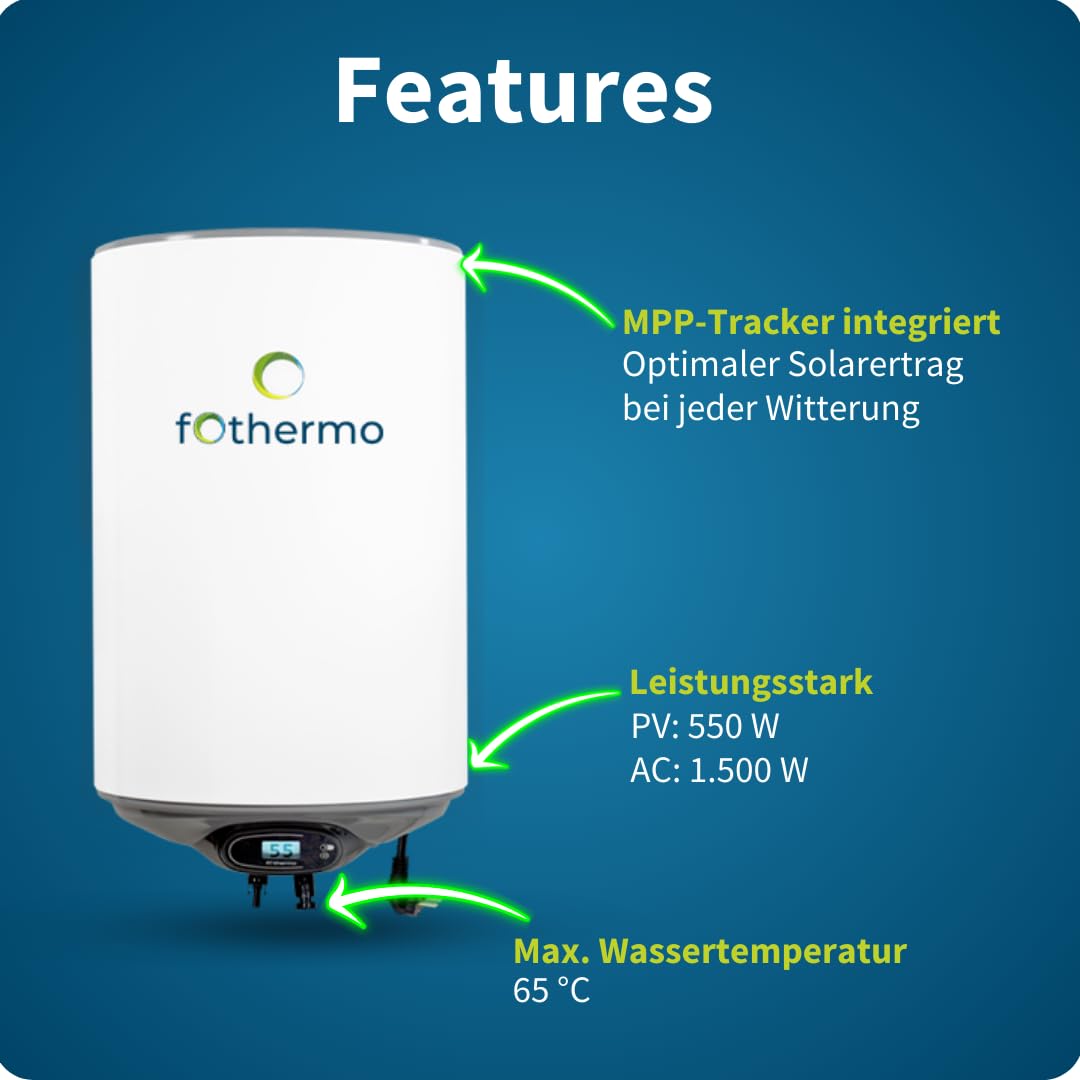 Fothermo® 80 L Photovoltaischer Hybrid-Warmwasserspeicher | PV-Boiler mit MPP-Tracker | 550 W Solar + 1.500 W 230 V Nachheizung | MC4 | 65 °C