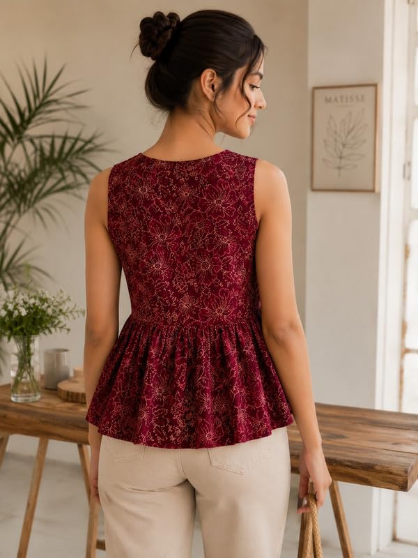 Image of Womens Rayon Sleeveless Printed Black Peplum Top for Women | Soft Rayon Top | V Neck | Flared Hem | Casual Office Wear