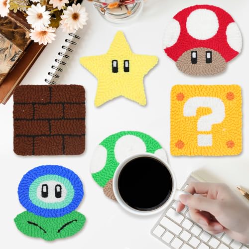 Image of Groodo Punch Needle Coaster Kit, 6PCS Easy DIY Embroidery Set for Beginners, Kids & Adults Good Gift with Patterns, Tools, Yarns, Hoop, Instructions & Coaster Holder