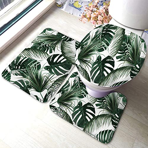 Badezimmerteppich-Set, 3-teilig, Tropische Palmblätter, buntes Dschungelblatt, waschbar, rutschfest, mit Rückenpolster, Konturteppich und Toilettendeckelbezug