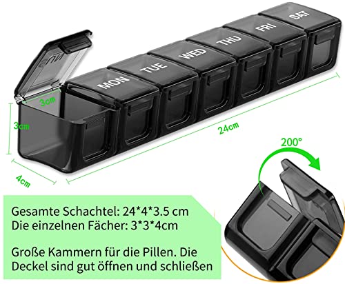 Pillendoos, 7 dagen, grote vakken, pillendoos, medicijnbox, pillendoos, 1 week, medicijnbox, supplementbox, reistabletten, boxen, voedingssupplementen, tablettensorteerder, zwart - Afbeelding 3