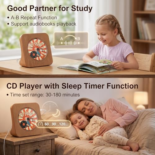 Image of Gueray CD Player Portable Bluetooth Desktop CD Player for Home with Timer Built-in HiFi Speakers with LCD Screen Display Boombox FM Radio USB Type-c (Wood Grain)