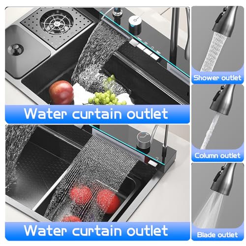 Kitchen Sink Set 304 Stainless Steel Nano Waterfall Sink with Two Waterfalls (82x48x21CM) - Honeycomb Embossing, Vegetable Basin
