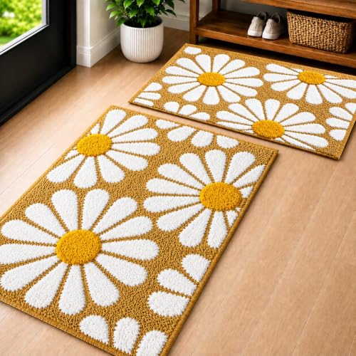 Image of Roseate Flower Anti Skid (40x60 cm) Microfiber 2000 GSM Bath Mat for Bathroom /Bedroom /Door Mat /Floor Mat (Beige) Pack of 2