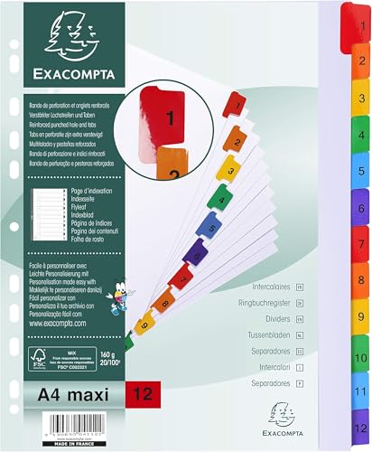 Image of Exacompta - Ref 4112E - Mylar Printed Indices - for Use with A4+ Documents, Pre-Punched, 160gsm White Card with Reinforced Plastic Tabs, FSC-Certified - 12-Part Dividers (1-12) (Pack of 5)