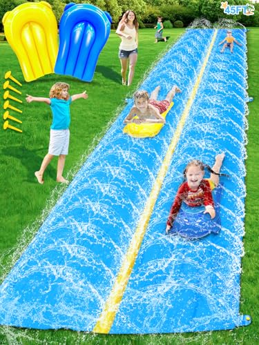 iGeeKid 45Ft Huge Slip and Water Slide with Sprinkler, Heavy Duty Lawn Waterslide for Kids Adults, Extra Long Double Lane Water Toys n Slides with 2 Bodyboards Backyard Lawn Summer Outdoor Water Toys
