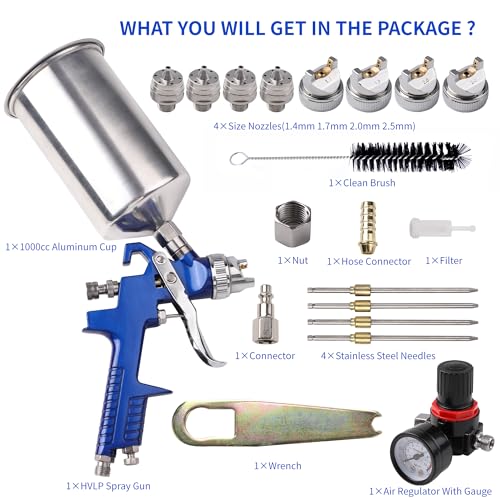 Image of HVLP Gravity Feed Spray Gun, Automotive Air Paint Spray Gun Kit, Suitable for Auto Paint, Base Coat & Touch Up (Blue 4 Nozzle)