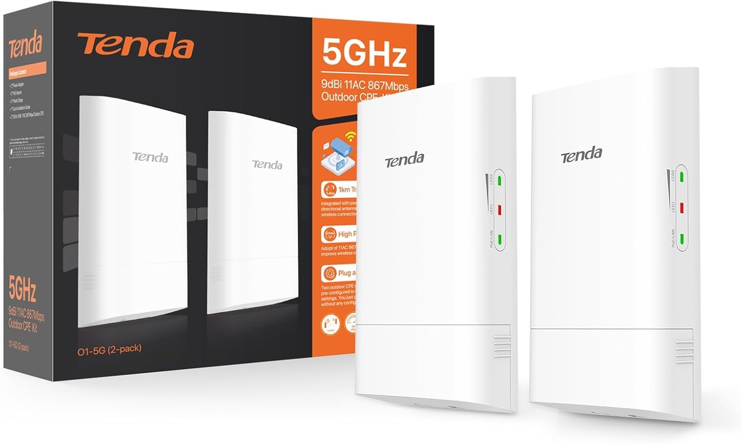 Tenda O1-5G mostek WiFi punkt do punktu WLAN most zewnętrzny CPE (867 Mb/s na 5 GHz, mostek WLAN z anteną 9dBi, pasywne PoE, zarządzanie centralne, zasięg 1 km, wodoodporność IP65) (2 sztuki)