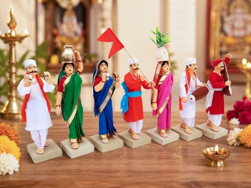 Image of Handmade Terracotta Pandharpur Warkari Set of 7 | Traditional 6 Inch Standard, Clay Figurines for Mandir Decor, Golu Display and Gifting