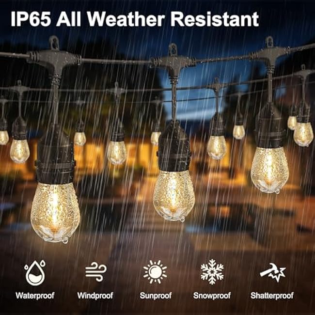 50FT Outdoor String Lights with 32+2 Bulbs (1.5FT Bulbs Spacing), Remote & Dimmer, Commercial Patio String Lights with 3 Mode Light & Timing, IP65 Waterproof, 50PC Mounting Ties for Outside