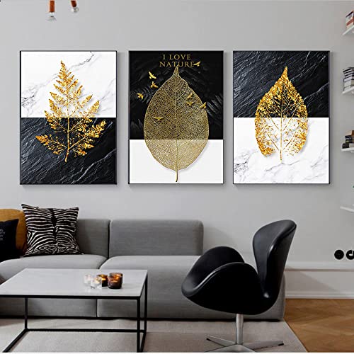 Toile peinture salon au design affiche moderne plante feuille d'or marbre noir abstrait