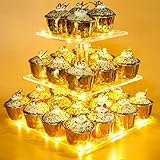 Vdomus Pastry Stand 3 Tier Acrylic Cupcake Display Stand with LED String Lights Dessert Tree Tower for Birthday/Wedding Party