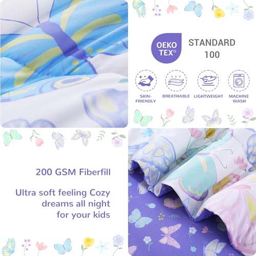 Image of Viviland Toddler Comforter Sets, 4 Pieces Bedding Sets, Colorful Butterfly | Microfiber Colorful Bed Set, Girls, Breathable & Soft, Comforter, Bed Sheet, Fitted Sheet and Pillowcase, Machine Washable