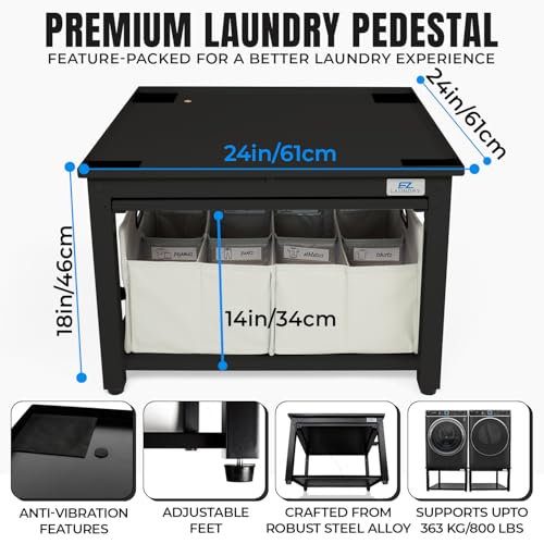 Image of Laundry Pedestal for Washer or Dryer with Drain Pan & Hose - 29 inchW, 18 inchH | Universal Fit 800 lbs Capacity Steel Stand With Pull Out Shelf for Back Pain Relief, Keeps Space Clean, All Brands Supported