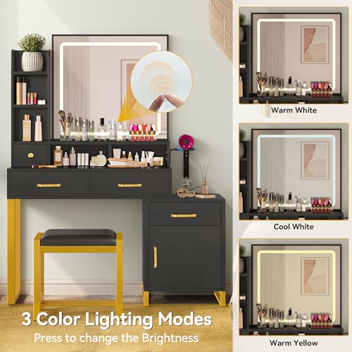 DWVO Makeup Vanity with Lights,Vanity Desk with Power Strip, Large Vanity Desk with Storage Shelves, 3 Lighting Colors, Black - Image 6