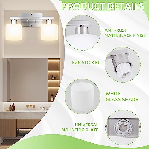 Image of CANMEIJIA 2-Light Bathroom Vanity Light Fixtures Brushed Nickel, Morden Vanity Wall Scones Lighting for Bedroom Living Room, Vanity Lights with Milky White Glass Shades, E26 Socket, Bulbs Not Included