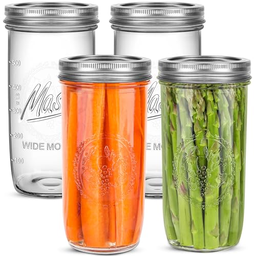 Jeitae 24oz Wide Mouth Mason Jars 4 Pack Reusable Glass Mason Jars with Airtight Lids for Canning Pickling Food Storage Jam Jelly DIY Crafts Dishwasher Safe