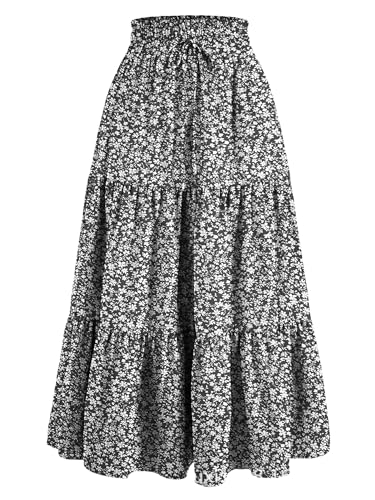 Women's Summer Floral Maxi A-Line Boho Skirt Tiered Long Skirts, Smocked High Wasited Flowy Tiered Ruffle Beach Skirt