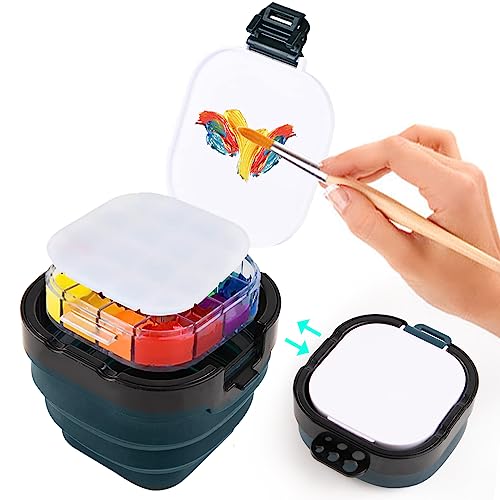 Juego de acuarelas plegable de viaje, limpiador de pinceles multifuncional con caja de paletas, 16 rejillas y soporte para pinceles para artistas profesionales o niños (pigmento no incluido), color