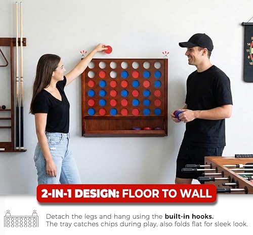Image of Giant Wooden 4 in A Row Game with Folding Catch Tray, Wall-Mountable or Ground Play, Indoor Outdoor & Backyard Game, Includes Carry Case and Detachable Legs