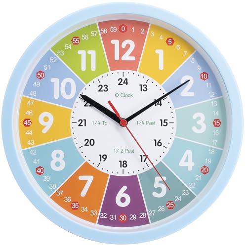 laimaimi Learning Clock for Kids – Silent Classroom Clock Telling The Time Teaching Toddler Boys Analog for Kid's Room Classroom School Playroom, Blue