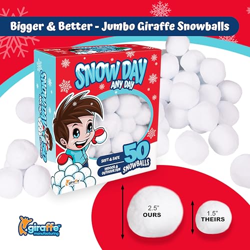 Image of Giraffe 50 Pack Jumbo Fun Fake Snowball for Kids 2.5 Inches - Artificial Snowballs Bulk for Indoor and Outdoor - Snow Ball for Decorations, Winter Toy Games Fights - Fun Christmas Party Activities