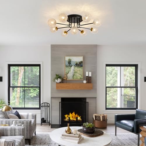 Image of Sputnik Semi Flush Mount Ceiling Light Black Glass Globe Ceiling Lighting Modern Close to Ceiling Light for Living Room Dining Room Bedroom Kitchen