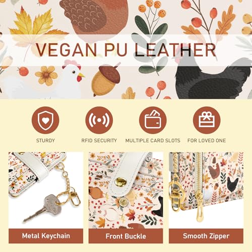 Image of Jogjam Chicken Mushroom Leaves Rfid Women Wallet, Small Slim Thin Compact Credit Card Wallet, PU Leather Bifold Cash Wallet, Zipper Coin Pocket ID Window, Female Ladies Holiday Gifts