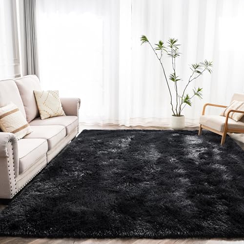 Black Area Rugs 9x12 Living Room - Super Soft Fluffy Rug Non Slip Large 9 by 12 Area Rug for Bedroom Washable