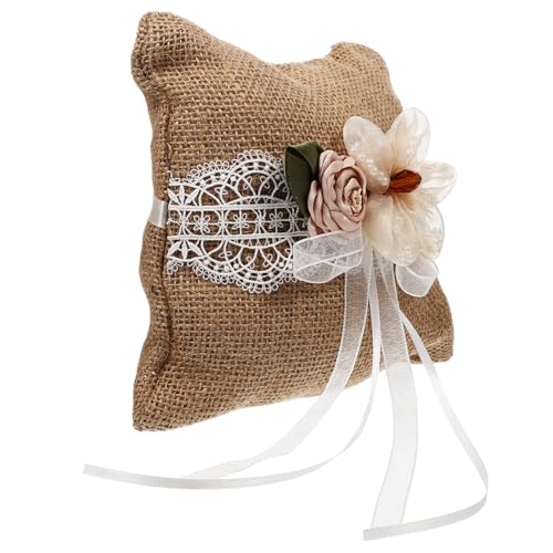 Amosfun Rustic Wedding Ring Pillow with Lace Flower Bowknot Design Decorative Cushion for Wedding Rings and Elegant for Bridal Ceremony and Engagement Celebrations
