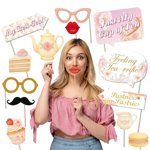 Tea Party Photo Booth Props - Whimsical Garden & Floral Themed Decorations for Bridal Showers, Birthdays & More - 20-Piece