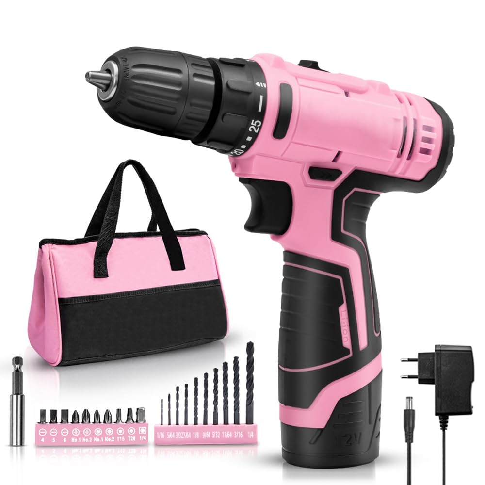 12V Pink Cordless Drill Set, Electric Power Drill with Battery and Charger, Pink Drill with 12-Inch Storage Bag, 2 Acessories, 2 Speeds, Electric Screwdriver for Women and DIY Home Projects