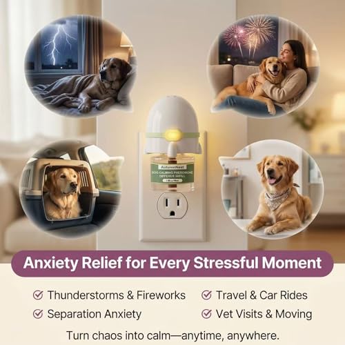 Image of Dog Calming Pheromone Diffuser Kit, Pet Diffuser for Stress Support, Reduces Stress and Promotes Relaxed Behavior, 2 Plug-in & 4 Packs Refill, 120 Day Supply (Non-Toxic, Safe & Inedible), with Light