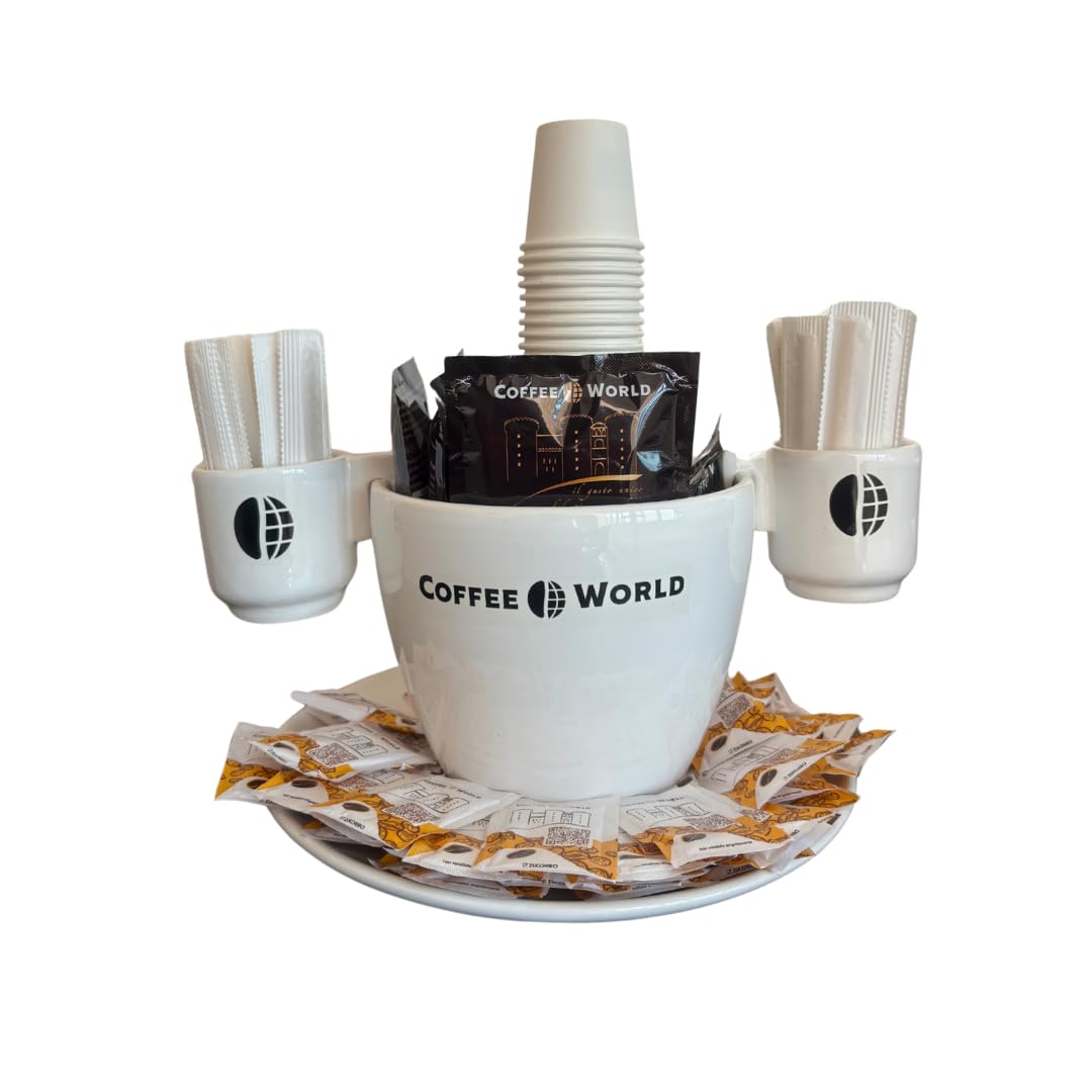 Coffee World, Tazzone artigianale con piatto in porcellana porta cialde, capsule, palette, zucchero, bicchierini da caffè, tazzone porta accessori da caffè, bicchierini, palettine e zucchero