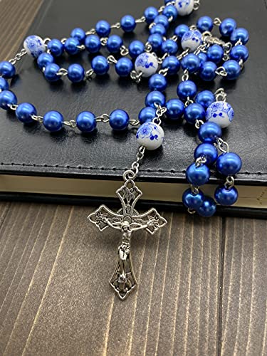 Nazareth Store Blue Pearl Beads Rosary White Flowers Beaded Necklace Lourdes Medal & Cross Crucifix…