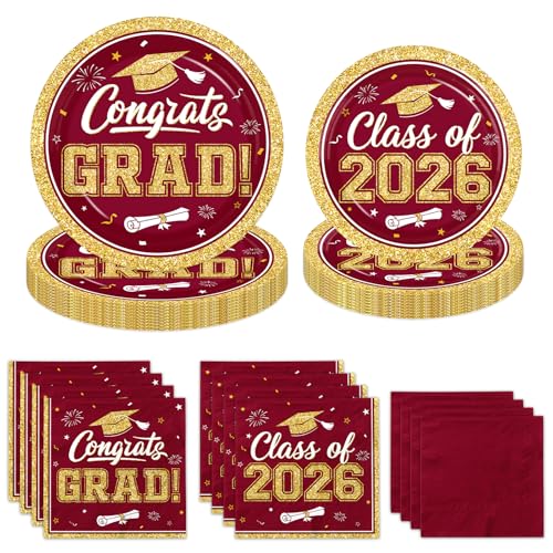Gexlaju Graduation Plates and Napkins 2026 200pcs Maroon and Gold Graduation Decorations Disposable Congrats Grad Paper Plates for Class Of 2026 Graduation Maroon Party Supplies Serve 50