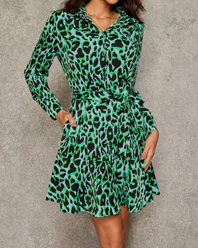 Image of Women's Long Sleeve Button Up Midi Belt Shift Collar Dress with Pockets for Work Office Business